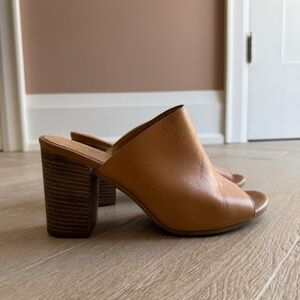 Seychelles Take Aim Leather Block Heel Mules Tan Cognac Slide Sandals Approx 8